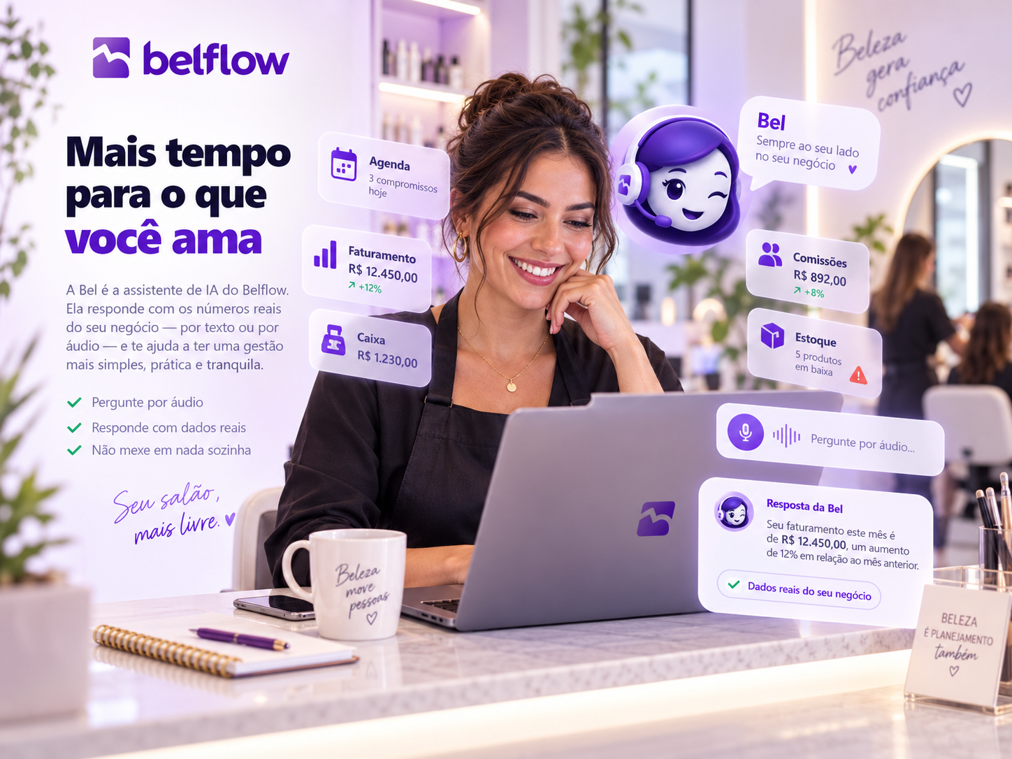 Bel, a assistente de inteligência artificial do Belflow, e o que ela faz dentro do sistema