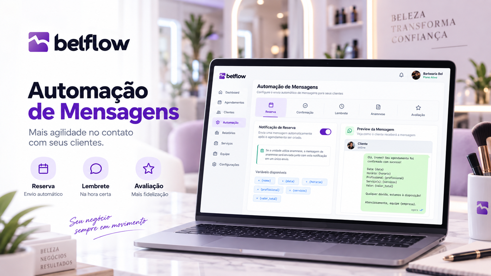 Tela de automação de mensagens do Belflow, com a fila de envios e o histórico