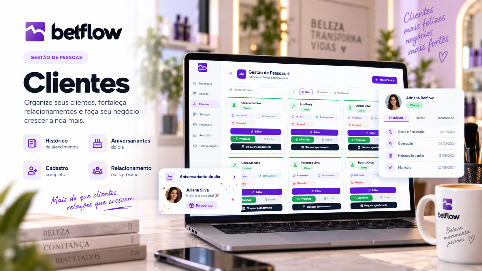 Tela de gestão de pessoas do Belflow, com a lista de clientes e o último atendimento de cada um