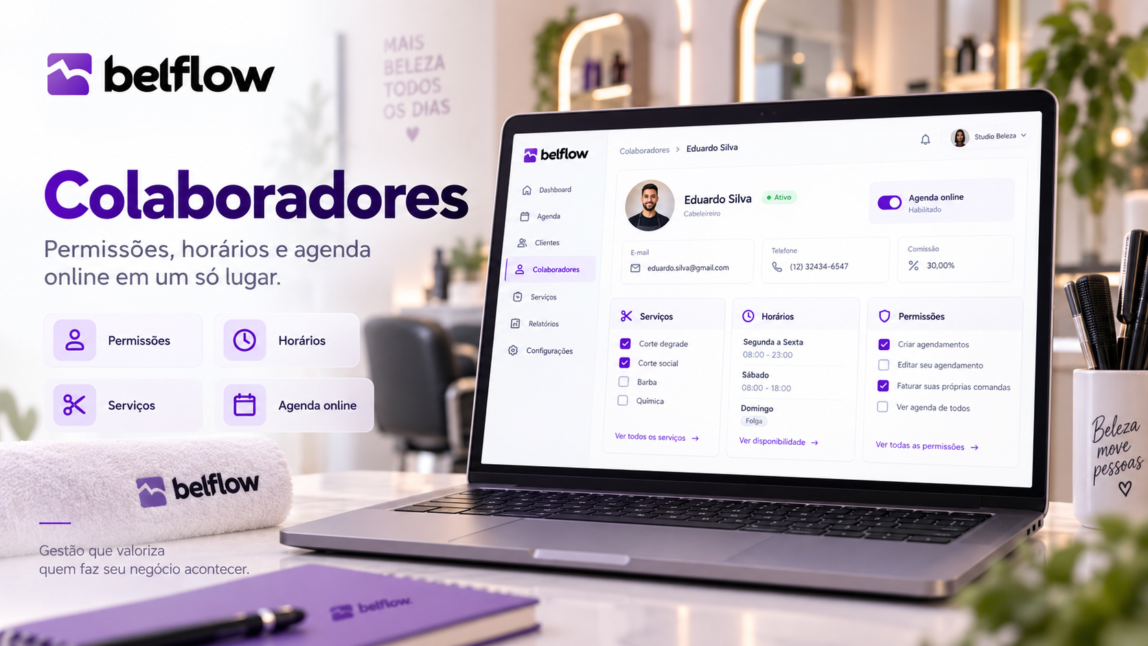 Cadastro de colaborador do Belflow, com as abas de dados, serviços, unidades, horários e permissões