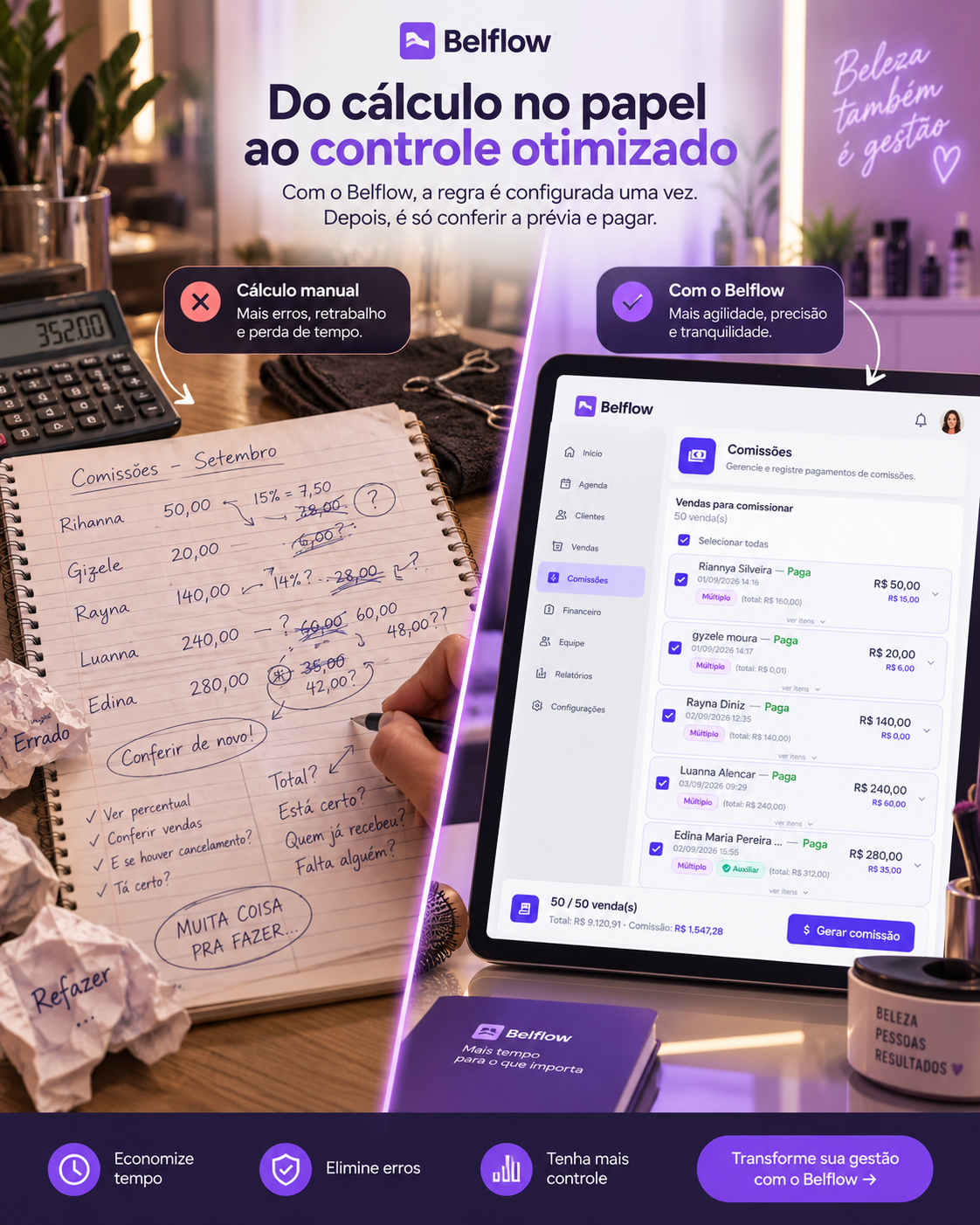Histórico de comissões do Belflow, com total de vendas, comissão, valor pago e saldo restante