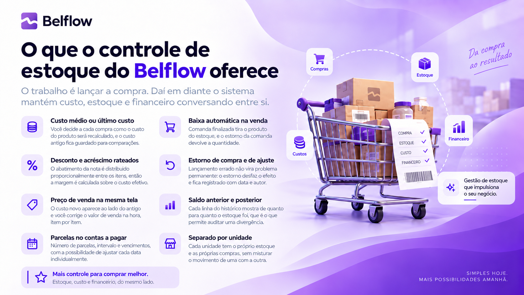 Histórico de estoque do Belflow, com entradas, saídas e saldo de cada movimento