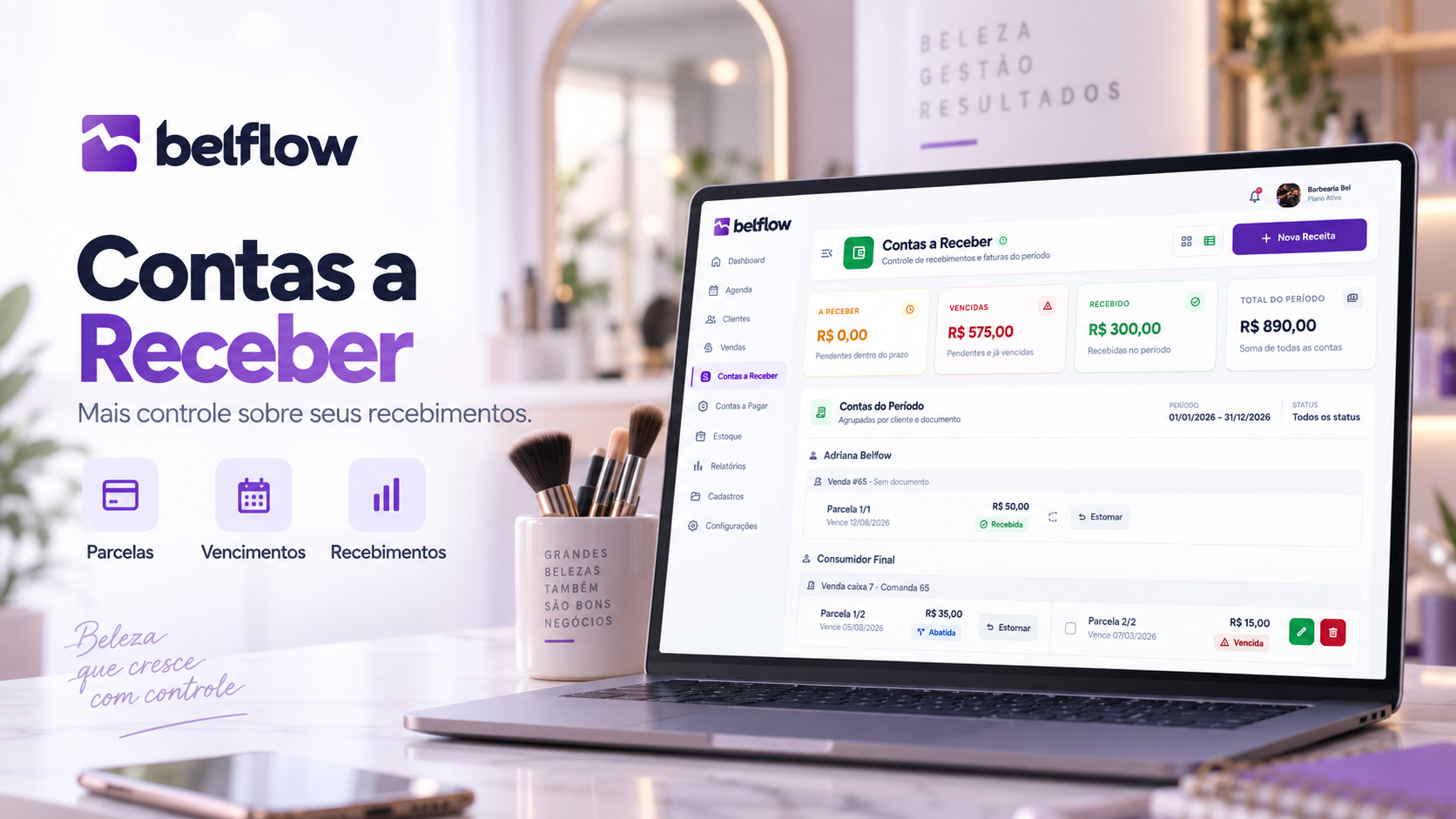 Tela de contas a receber do Belflow, com o resumo do período e as parcelas agrupadas por cliente