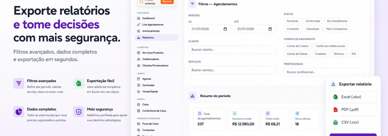 Exportação de relatórios em PDF, Excel e CSV no Belflow