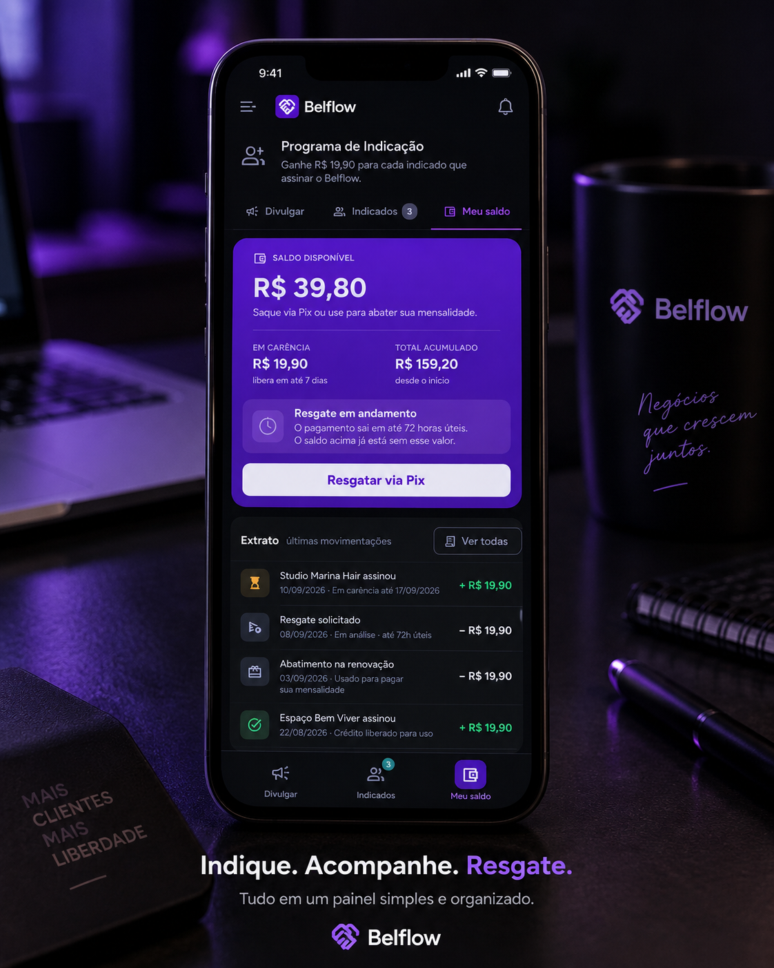 Painel do Programa de Indicação, com saldo disponível, saldo em carência e lista de indicados