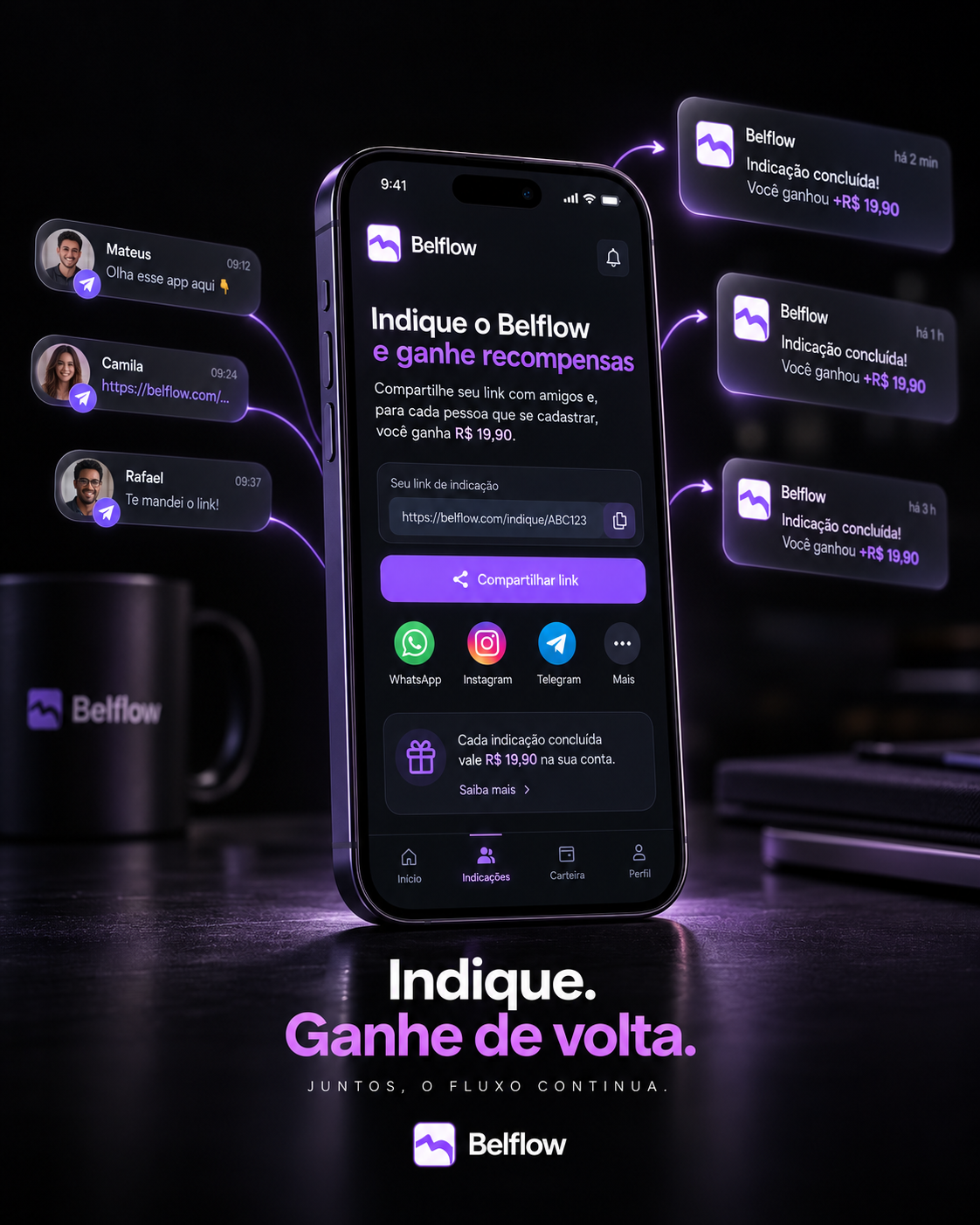 Painel do Programa de Indicação do Belflow, com o link pessoal e o saldo acumulado