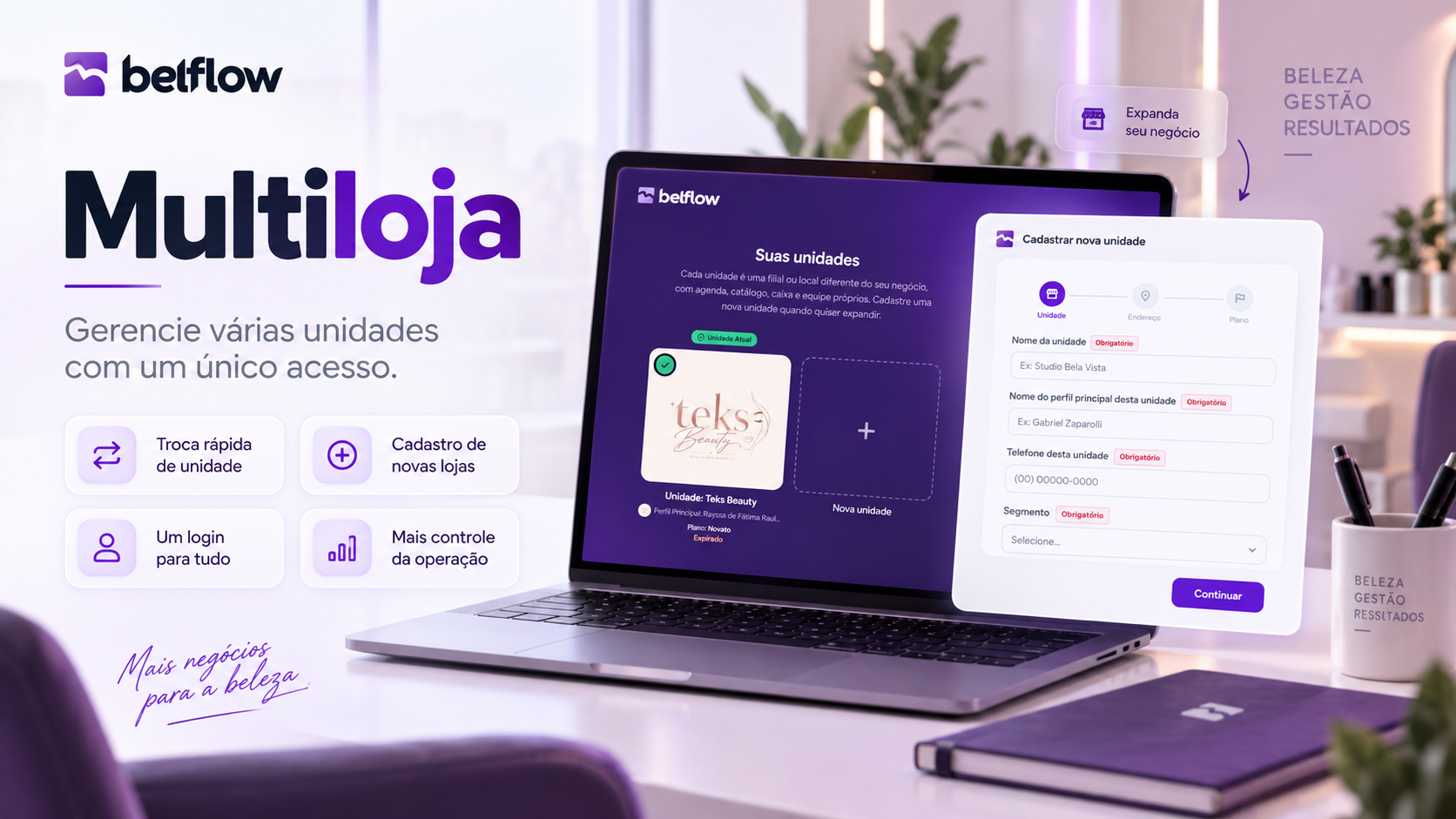 Tela de seleção de unidade do Belflow, com as lojas da mesma conta