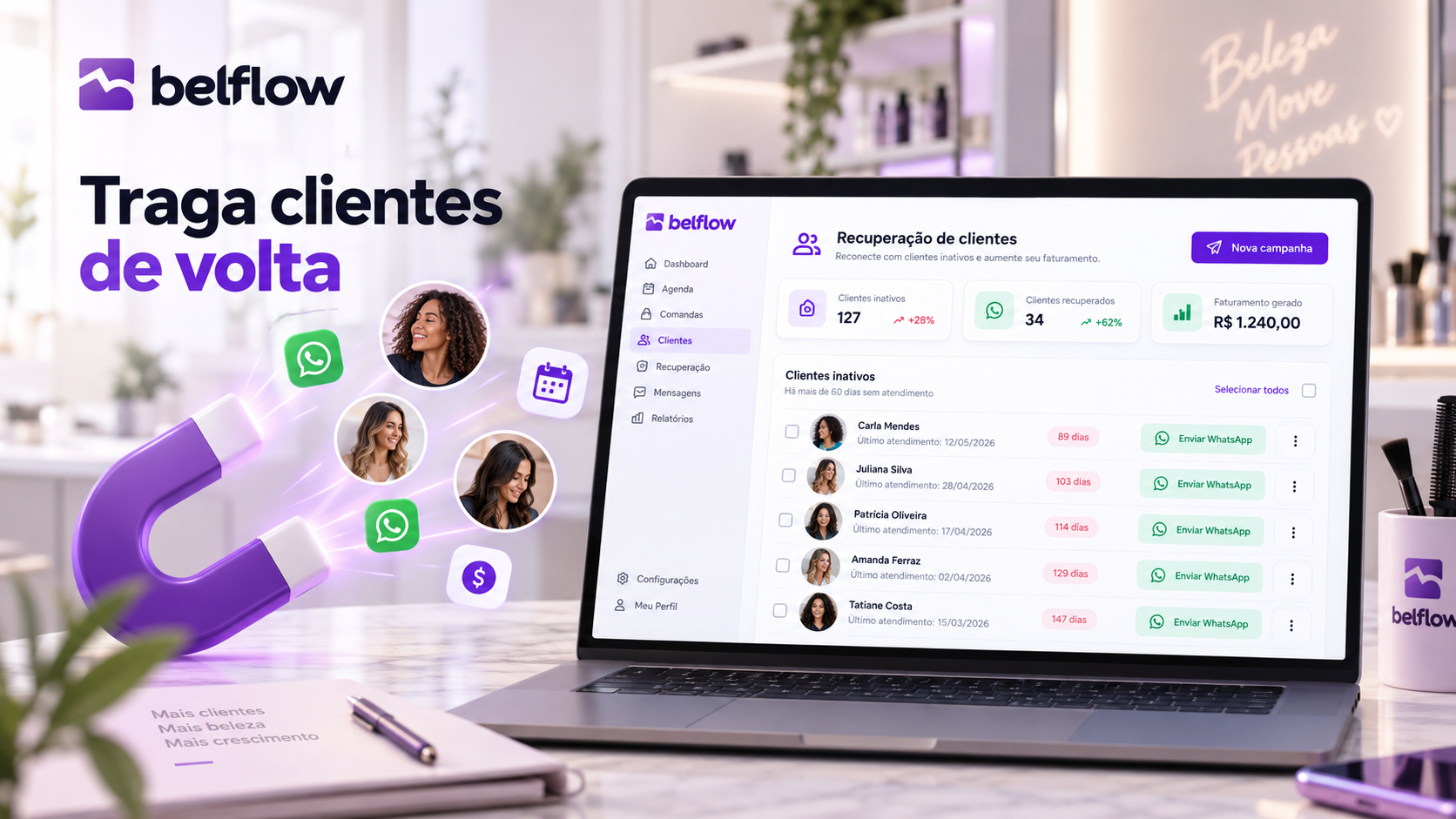 Tela de recuperação de clientes do Belflow, com a lista de quem está sem atendimento