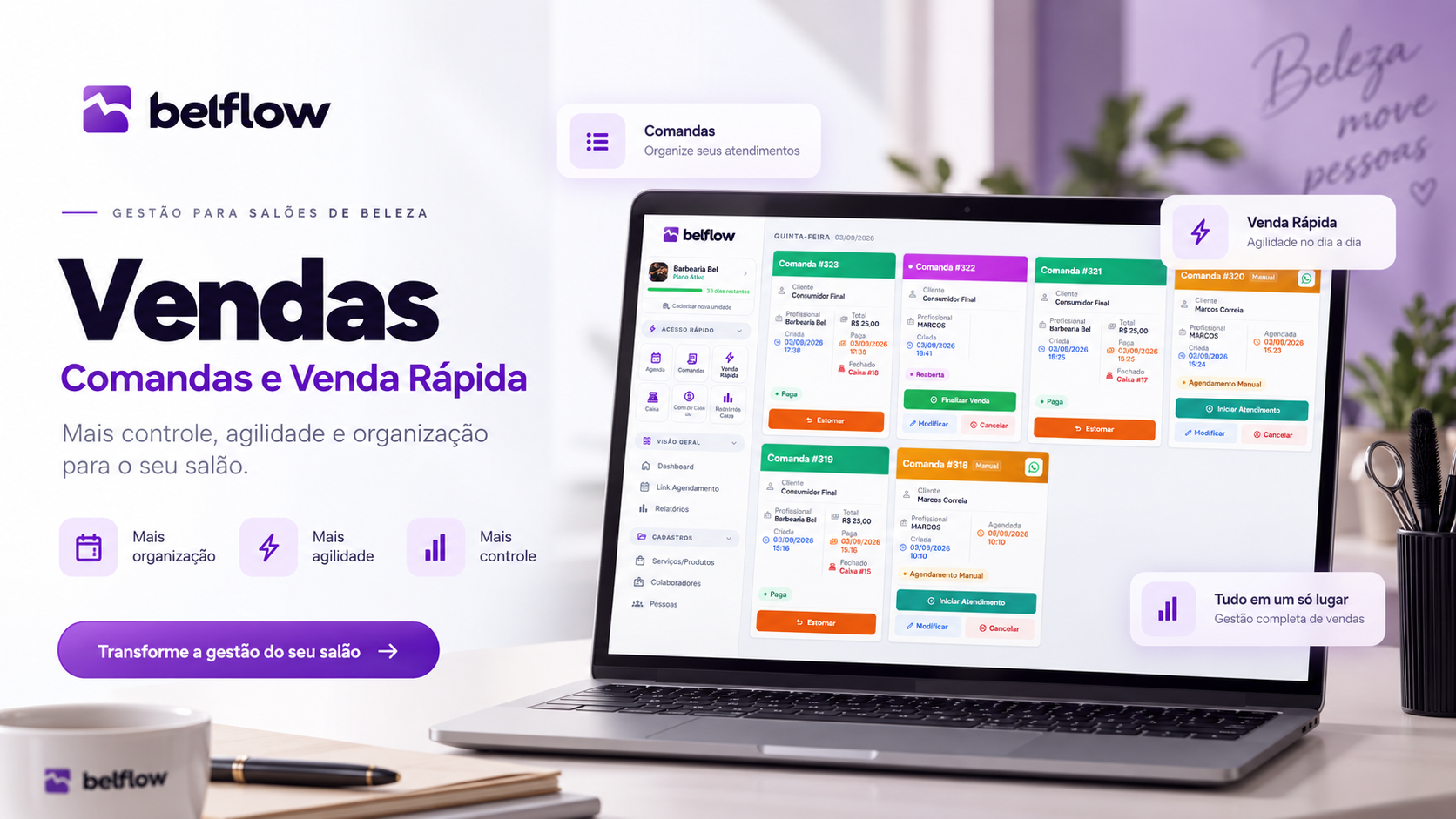 Tela de gerenciamento de comanda do Belflow, com os itens lançados e o resumo da venda